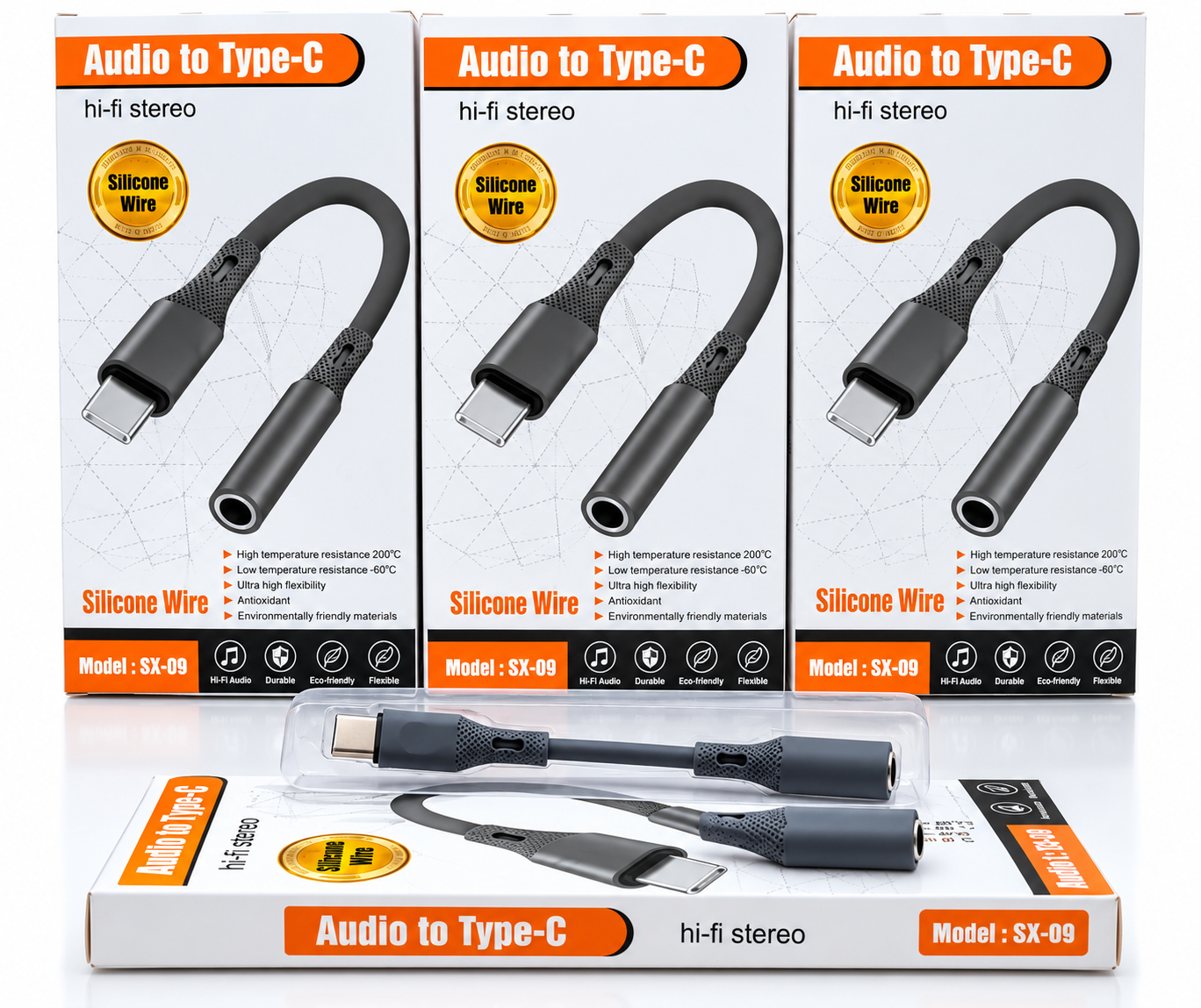 Audio to Type-C Hi-Fi stereo adapter with flexible silicone wire